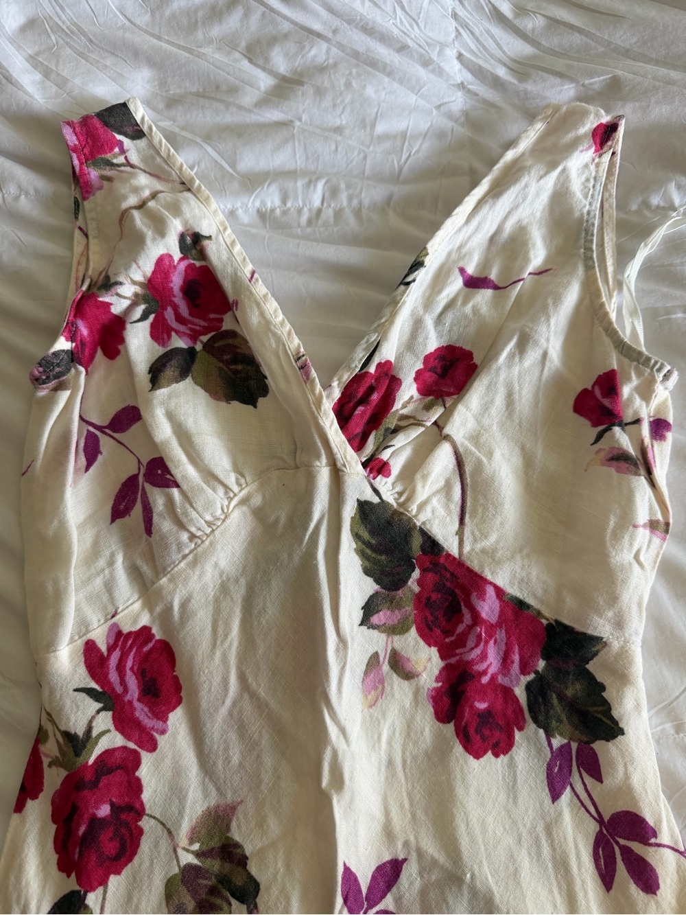 Vintage 100% Linen Ivory V-Neck Sundress with Rose Print